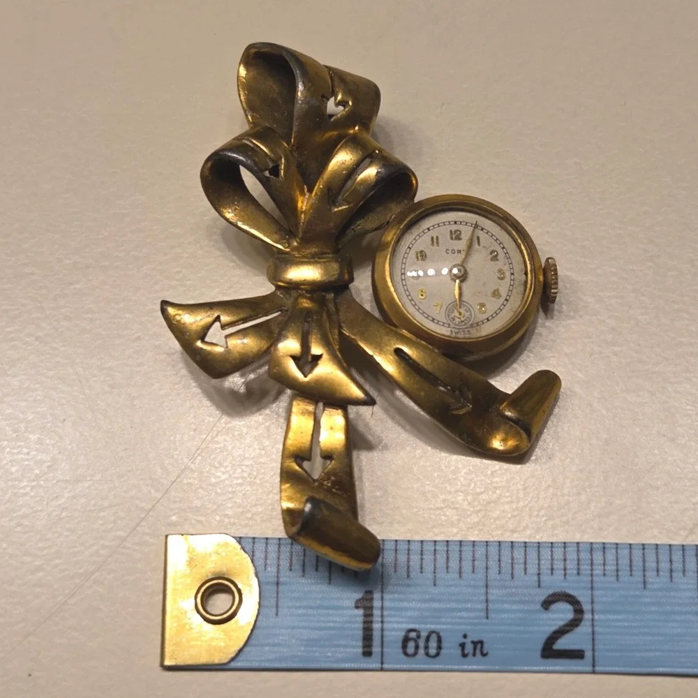 Vintage Creations Gold Tone Bow Watch Brooch Retro Swiss Movement AS IS